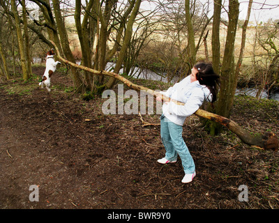 Junge Mädchen spielen mit Jack Russell Terrier Hund und große Filiale Stockfoto