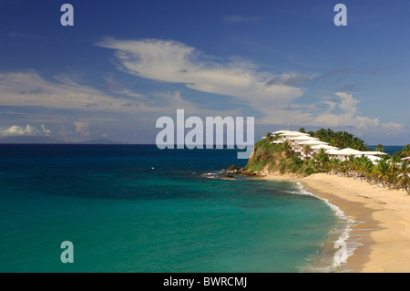 Antigua Karibik-Insel in der Nähe von Johnson Punkt Palm Bäume Palmen-Sandstrand Küste Meer Ozean Landschaft Meereslandschaft Stockfoto