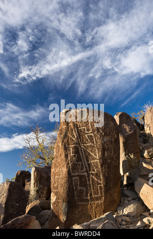 Petroglyph mit geometrischen Mustern durch den Native American Jornada Mogollon am Three Rivers Petroglyph Site, New Mexico USA. Stockfoto