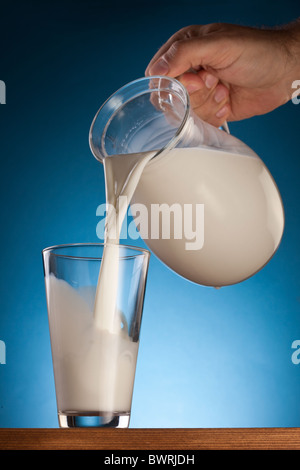 Glas und Glas Milch auf blauem Grund. Stockfoto