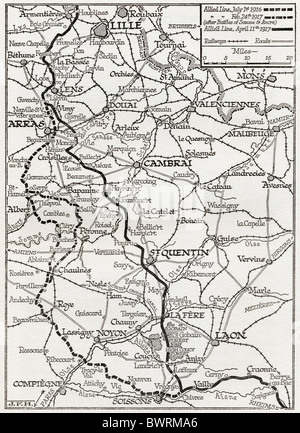 Der Somme und der Ancre. Die Karte zeigt Linien, die von den Alliierten ab Juli 1916 bis 11. April 1917 besetzt. Stockfoto