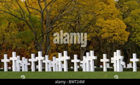 Weiße Denkmäler stehen unter den Bäumen, wie sie wiederum gold im Herbst sind in Madingley American Cemetery Stockfoto