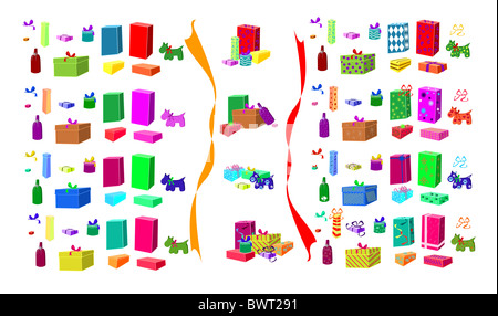 Geschenke in allen Formen und Größen, isoliert auf weiss um Ihr eigenes Arrangement, mit oder ohne Geschenkpapier mit Mustern zu ermöglichen Stockfoto