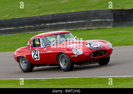 1961 Jaguar E-Type während des Rennens RAC TT Feier. 2010 beim Goodwood Revival Meeting, Sussex, England, UK. Stockfoto