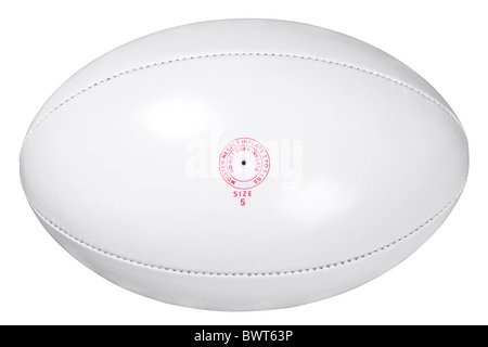 Foto von einem weißem Leder Rugbyball isoliert auf weißem Hintergrund mit Beschneidungspfad getan mit Zeichenstift-Werkzeug. Stockfoto