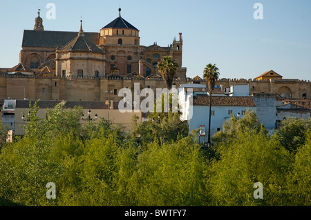 Catedral de Cordoba, einer ehemaligen mittelalterlichen Moschee gesehen von einer Brücke über den Guadalquivir Fluss, Córdoba, Andalusien, Spanien. Stockfoto