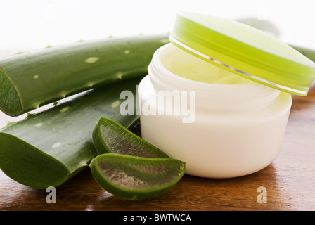 Aloe Creme Box mit Aloe-Blättern und Scheiben als Nahaufnahme Stockfoto