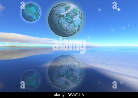 Emeraldo - in der Nähe der Planeten schweben über dem Ozean auf dieser Welt. Stockfoto