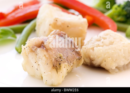 Gegrillter Seeteufel Stücke mit Bohnen und Paprika als Closeup auf einem weißen Teller Stockfoto