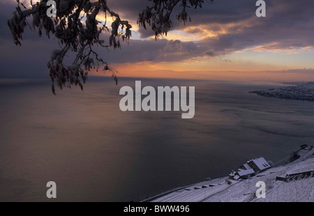 Schweiz Europa Kanton Waadt Genfersees Lavaux Region am Epesses Weinberge Weingut Winter See Abend m Stockfoto