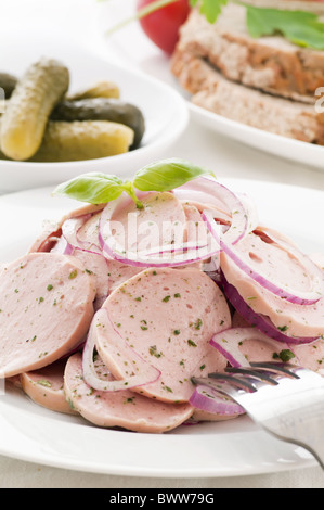 Bayerische Wurst Saland mit Zwiebelringen als Closeup auf weißen Teller Stockfoto