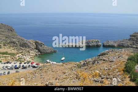 Panoramablick auf St. Paul Bay in der Nähe von Lindos, Rhodos, Griechenland Stockfoto