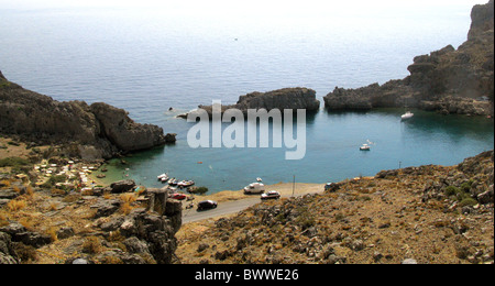 Panoramablick auf St. Paul Bay in der Nähe von Lindos, Rhodos, Griechenland Stockfoto