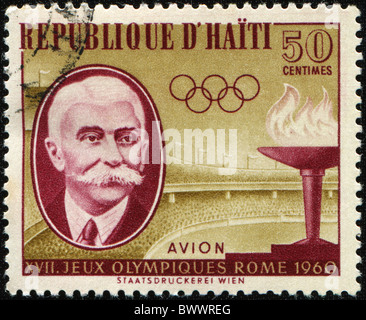 HAITI - ca. 1960: Eine Briefmarke gedruckt in Haiti zu Ehren XVII Olympiade in Roma zeigt Pierre de Coubertin, ca. 1960 Stockfoto