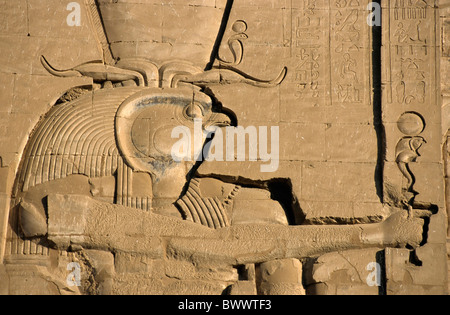 Die alte ägyptische Gott Horus geformt, an der Wand den ersten Pylon am Tempel von Edfu, Edfu, Ägypten. Stockfoto