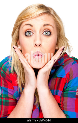 Beautiful Young Woman With Surprised Fun Expression - Pouting with Hands to Her Face Stockfoto