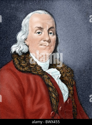 Franklin, Benjamin (1706-1790). US-amerikanischer Politiker und Wissenschaftler. Farbige Gravur. Stockfoto