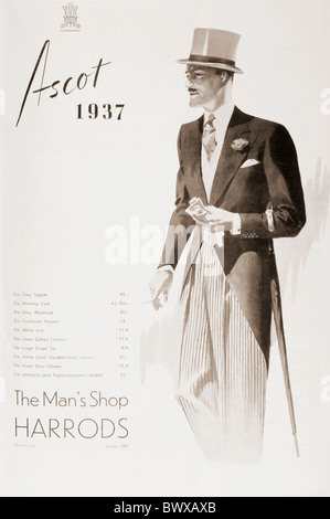 Eine 1937 Werbung für The Man Shop Harrods, zeigt einen Gentleman in Hut und Schwänzen bereit, Ascot zu besuchen. Stockfoto