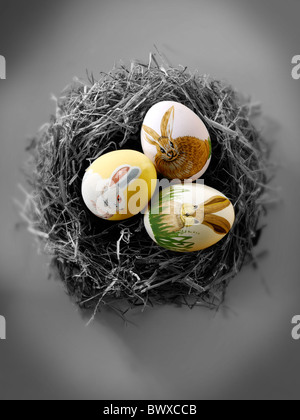 Traditionelle lackiert Ostern Huhn Ei in einen Strohhalm Birds Nest - Begriff Dekoration Stockfoto