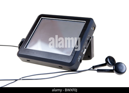 Navigation mit Kopfhörern isoliert auf weißem Hintergrund Stockfoto