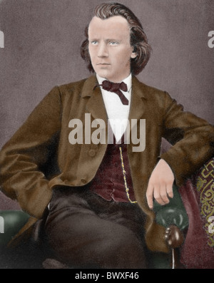 BRAHMS, Johannes (Hamburgo, 1833-Viena, 1897). Deutscher Komponist. Farbige Gravur. Stockfoto