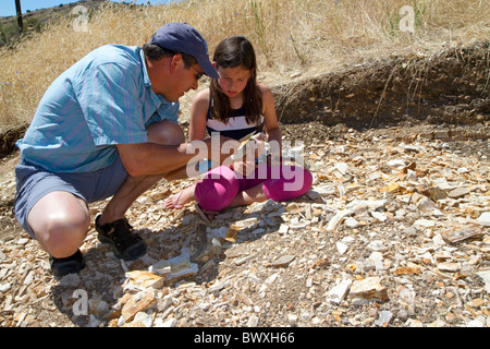 Vater und Tochter auf der Suche nach Fossilien in einem fossilen Feld hinter Wheeler High School am Fossil, Oregon, USA. Stockfoto