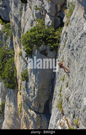 Klettern am Canyon des Flusses Verdon, regionalen Naturpark Verdon, Provence, Gorges du Verdon, Provence-Alpes-Cote-´, Azur Stockfoto