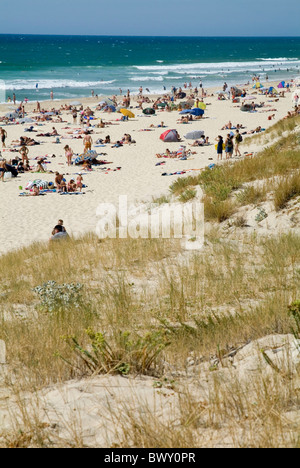 Massen Sonnenbaden am Strand Biscarrosse in Aquitanien, Frankreich. Stockfoto