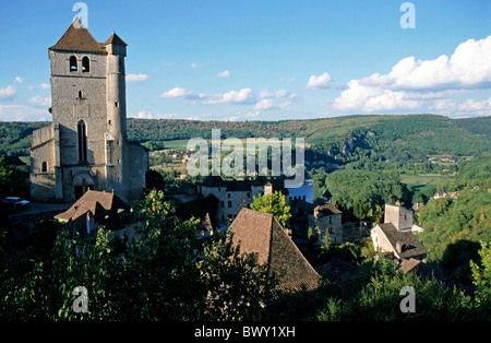 Historische Gebäude von der Dorf von Saint-Cirq-Lapopie, Lot, Frankreich. Stockfoto