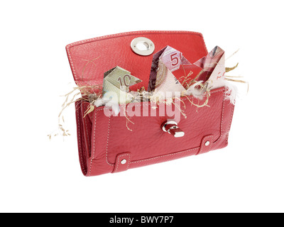Rotes Portemonnaie mit kanadischen Rechnungen in Vögel gefaltet Stockfoto