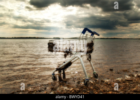 Einkaufswagen aufgegeben am Strand Stockfoto