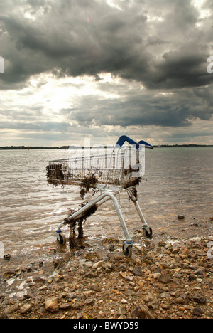 verlassene Einkaufswagen an einem Strand Stockfoto