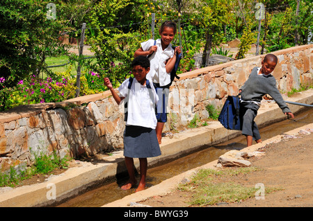 Drei Schülerinnen und Schüler spielt in den Wasser-Kanal. Prince Albert, Südafrika. Stockfoto