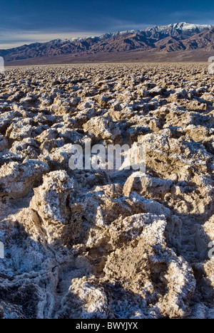 Halit Salz Kristallformationen am Golfplatz des Teufels, Panamint Range mit Telescope Peak in Dist, Death Valley, Kalifornien, USA Stockfoto