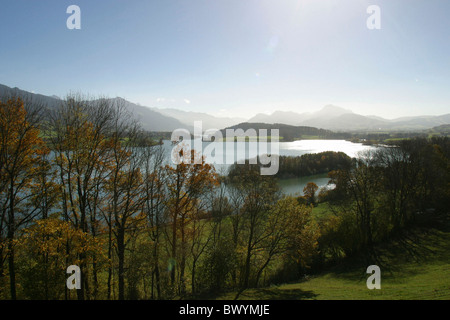 overvie Bäume Berge Kanton Freiburg Lac De La Gruyère Landschaft Schweiz Europa See Meer Herbststimmung Stockfoto