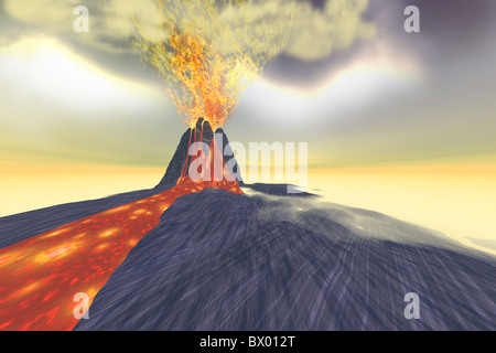 Vulkanische - ein Vulkan ausbricht mit Lava, Feuer und Rauch. Stockfoto