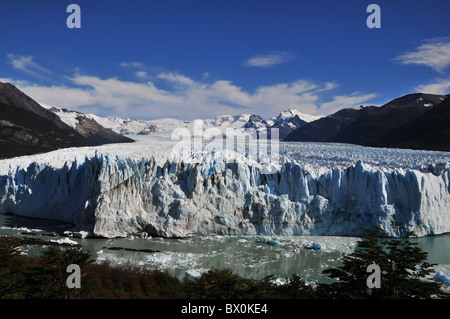 Endstation hohe Eiswand des Perito Moreno Gletschers, in einem breiten Urstromtal, erhebt sich über den Canal de Los Témpanos, Anden Stockfoto