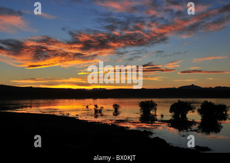 Rote Sonnenuntergang Wolken reflektiert in den Wildfowl Gewässern von Bahia Redonda, in Richtung Anden silhouette Hintergrund, El Calafate, Patagonien Stockfoto