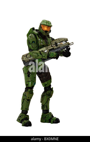 Halo Master Chief Action-Figur mit Spartan Laser-Waffe. Stockfoto