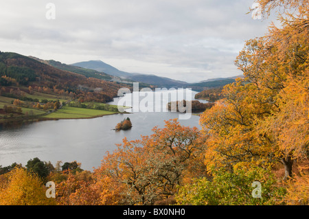 Panorama-Blick "Queens View" mit Blick auf Loch Tummel in Highland Perthshire. Schiehallion im Hintergrund. Stockfoto