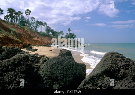 Afrika-Bakau Strandküste Gambia Ngala Lodge Palm Bäume Felsen Landschaft Landschaft Meeresküste Stockfoto