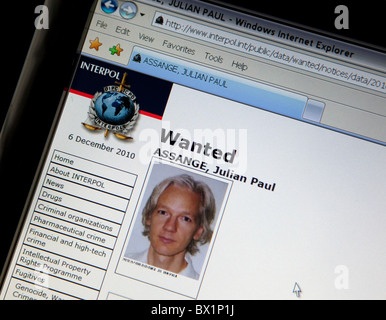 Jullian Assange von WikiLeaks "Wanted" auf Interpol-website Stockfoto