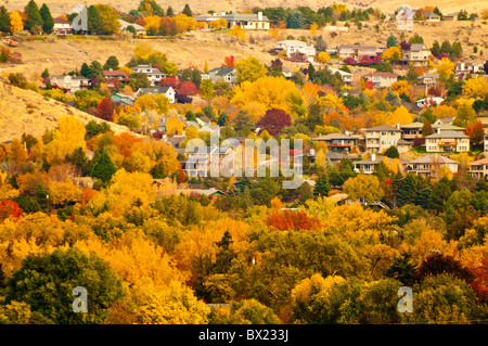 USA, Idaho, Boise, Luftaufnahme der Wohngegend liegt durch die Farben des Herbstes. Stockfoto