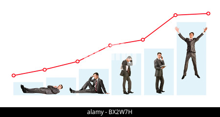 Kreatives Foto der Geschäftsmann in verschiedenen Stimmungen unter Diagramm Stockfoto