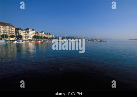 Genf Stadt Stadt La Rade de Genève Hafenbecken Boote Genfer See See von Genf Lac Leman Schweiz Europ Stockfoto