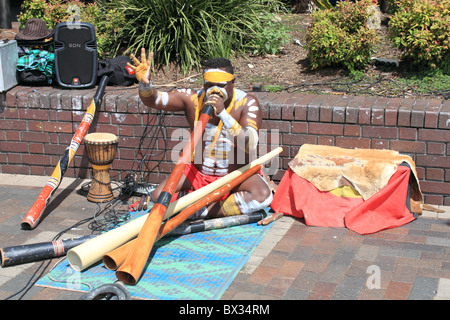 Aborigine-Straßenmusiker spielen Didgeridoo unterhält am Circular Quay, The Rocks, Sydney, New South Wales, NSW, Australia, Australien Stockfoto