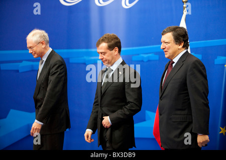 José Manuel Durão Barroso, Herman Van Rompuy und Dmitry Medvedev auf dem EU-Russland-Gipfel Stockfoto