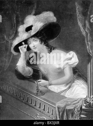 Eine Dame an der Oper, gezeichnet von Harper, gestochen von Huffam; Schwarz und weiß-Abbildung; Stockfoto