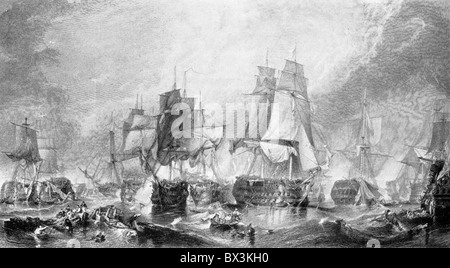 The Battle of Trafalgar, 21. Oktober 1805; nach dem Stich von W Miller nach C Stanfield; Black-White-Illustration; Stockfoto