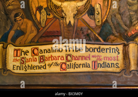 Beschreibung bei Wandgemälde im Wandbild Zimmer, County Courthouse, Santa Barbara, Kalifornien, USA Stockfoto